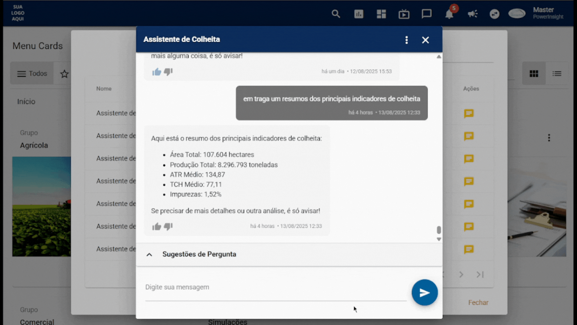 Assistente de IA da Custec respondendo perguntas em linguagem natural sobre indicadores de colheita